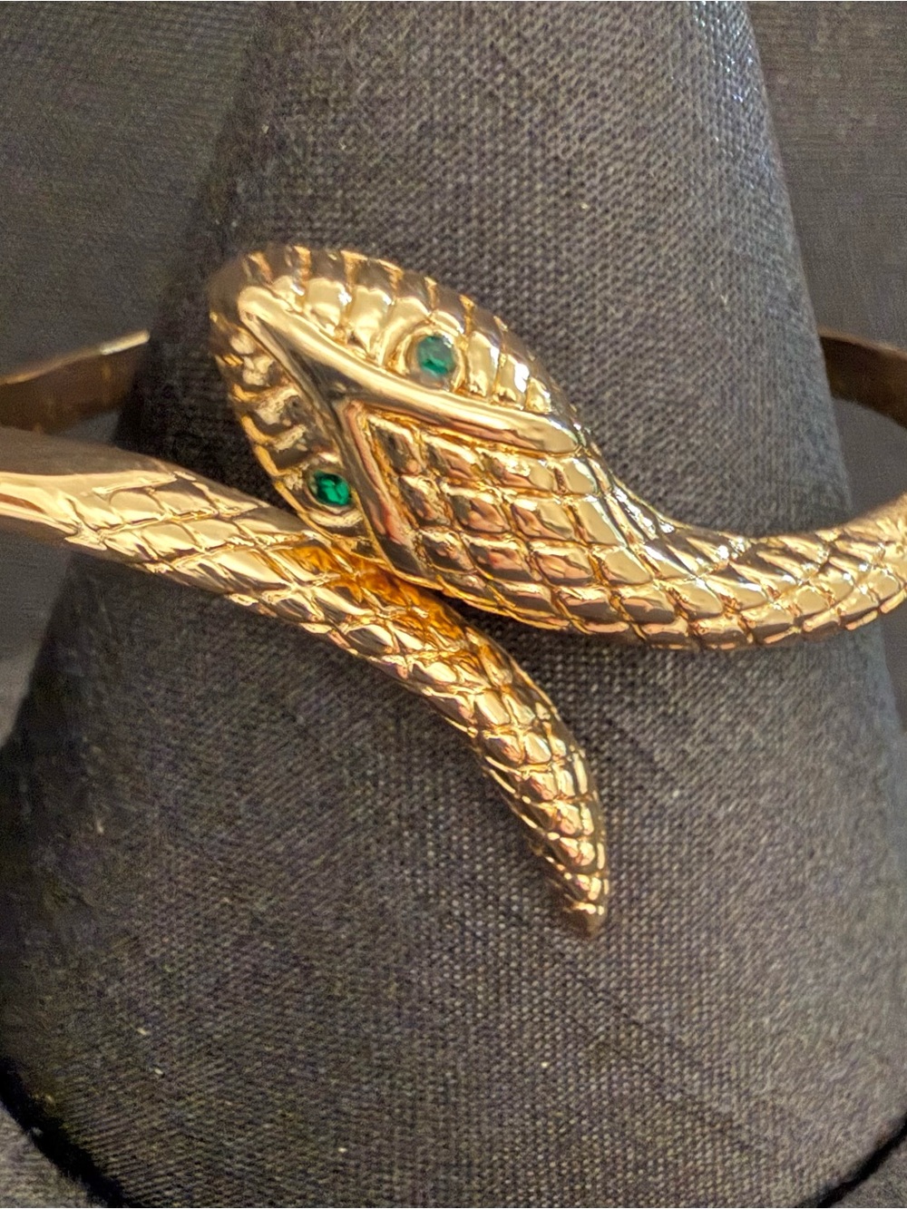 Vintage Gold Tone Snake Wrap Bangle Bracelet Green Rhinestone Eyes Serpent
